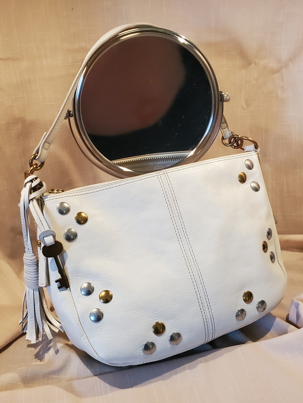 Fossil Jolie Small White Leather Studded Hobo Shoulder Bag – Western Boho